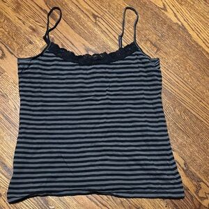 LOFT Black and Gray Striped Lace-Trim Cami Large